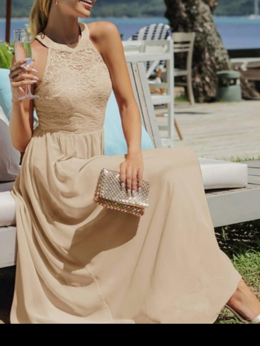 Formal cream color maxi halter Long Prom/ bridesmaid  wedding dress size 2XL new